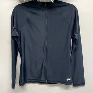 NWOT Speedo PowerFlex Eco Long Sleeve Full Zip Rashguard Swim Shirt Black M